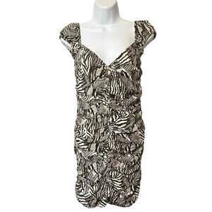 WILFRED Aritzia Veda Ruched Mini Dress Animal Print Black Cream Sz 2 Sexy VNeck